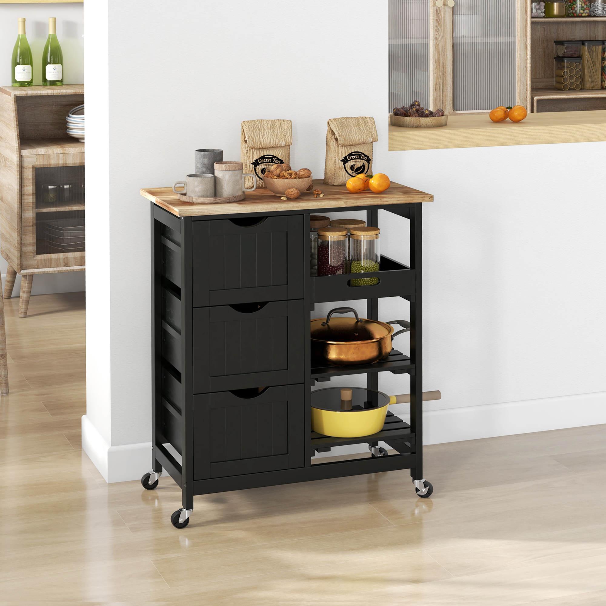 Rolling Kitchen Cart, Kitchen Island with Wood Top, Shelves & Drawers for Dining Area, Black - Image 8