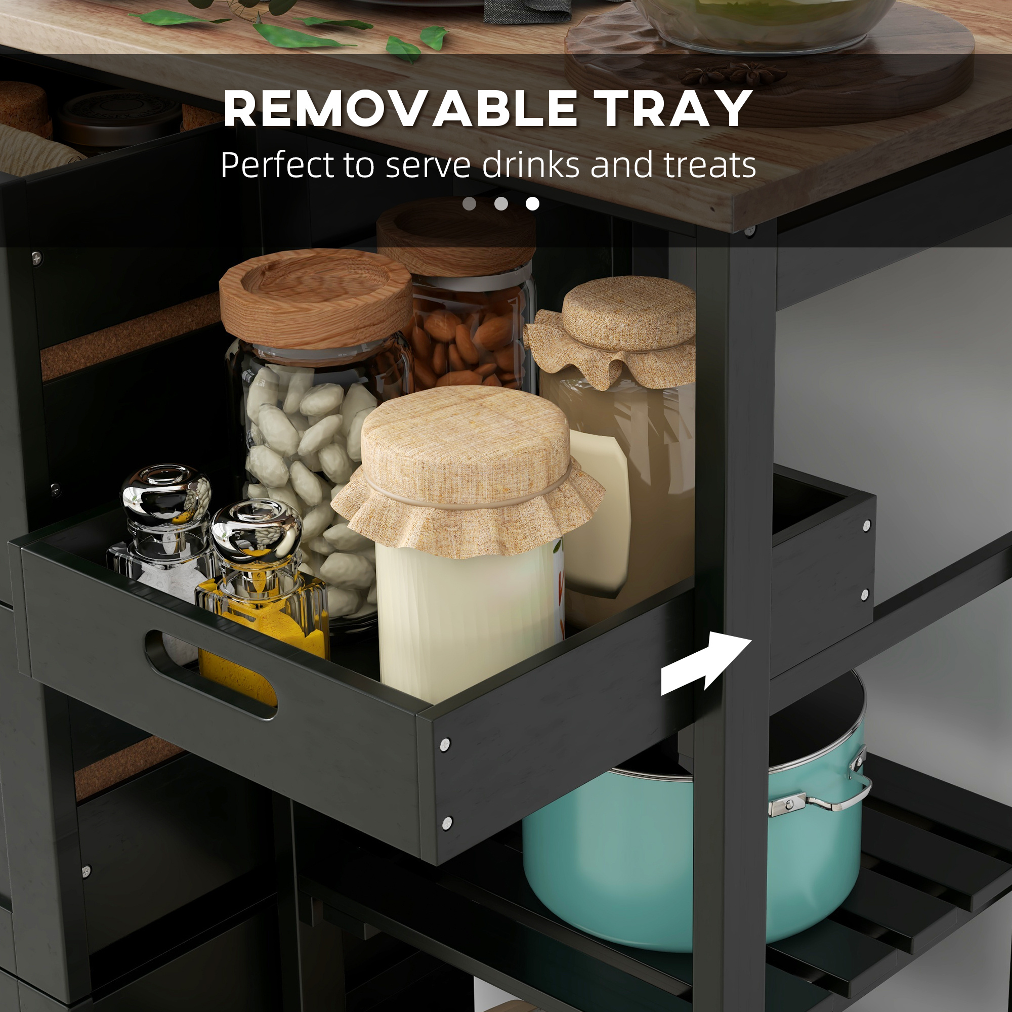 Rolling Kitchen Cart, Kitchen Island with Wood Top, Shelves & Drawers for Dining Area, Black - Image 4