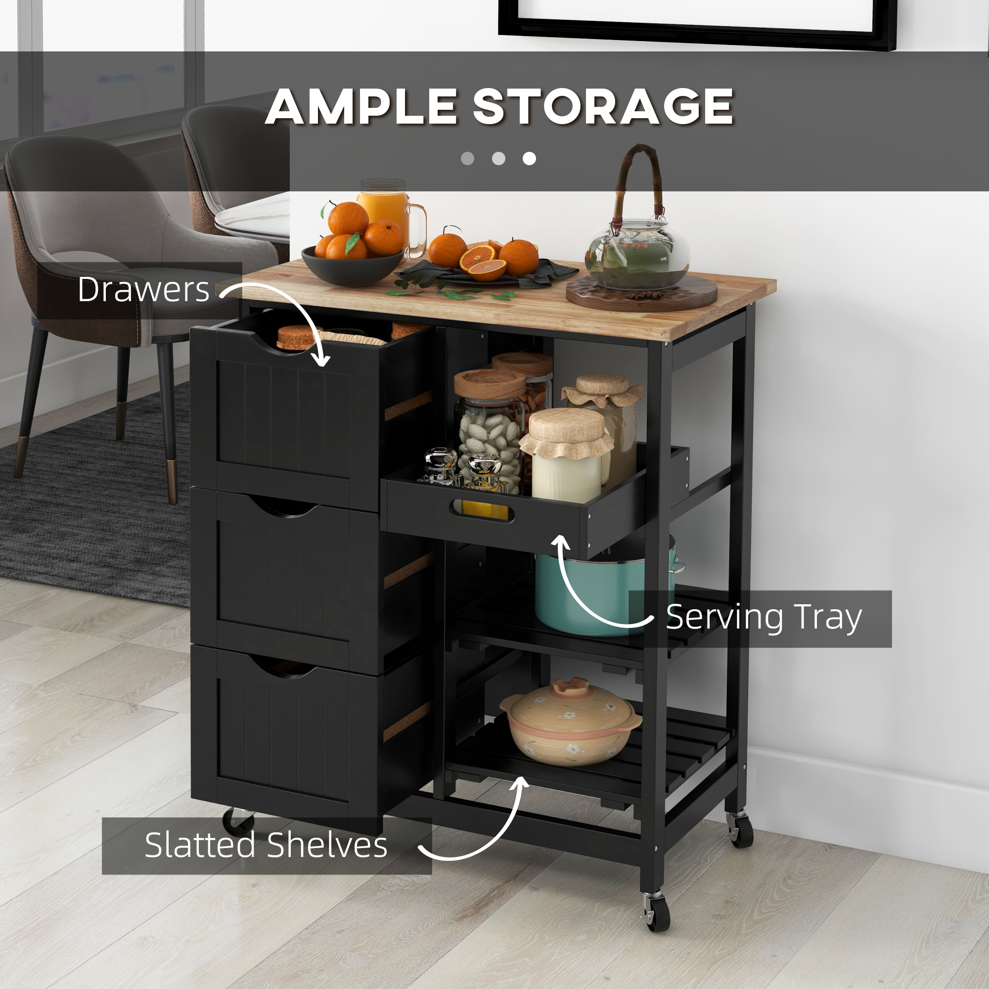 Rolling Kitchen Cart, Kitchen Island with Wood Top, Shelves & Drawers for Dining Area, Black - Image 7