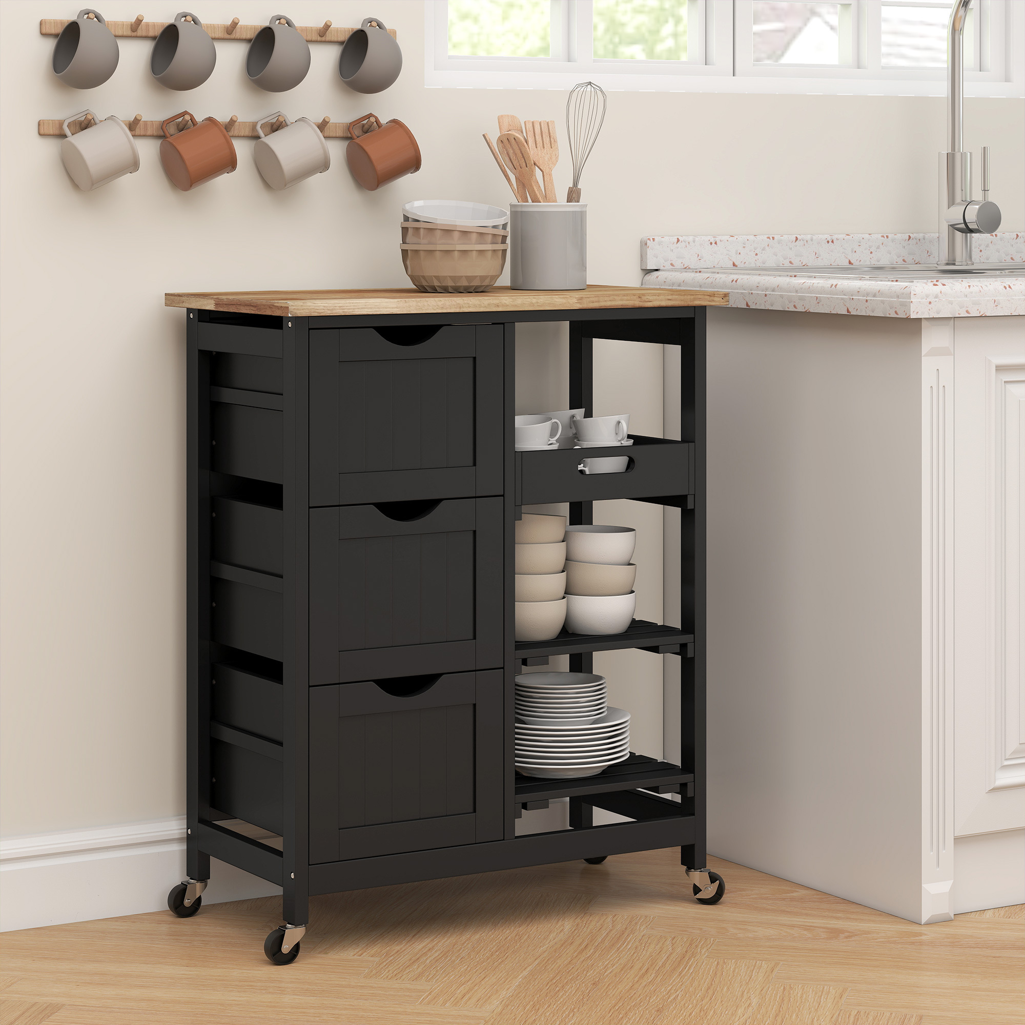 Rolling Kitchen Cart, Kitchen Island with Wood Top, Shelves & Drawers for Dining Area, Black - Image 2