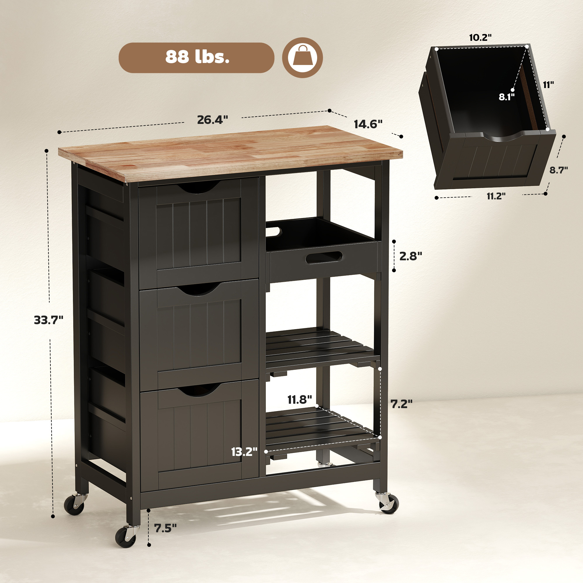 Rolling Kitchen Cart, Kitchen Island with Wood Top, Shelves & Drawers for Dining Area, Black - Image 5